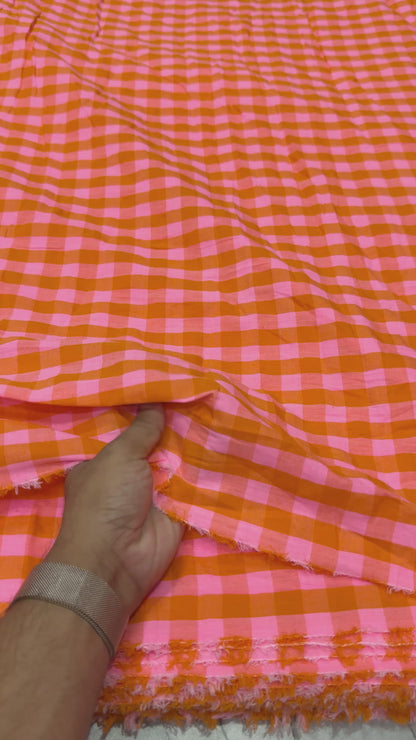 Premium Seersucker Spanish Orange Check Fabric