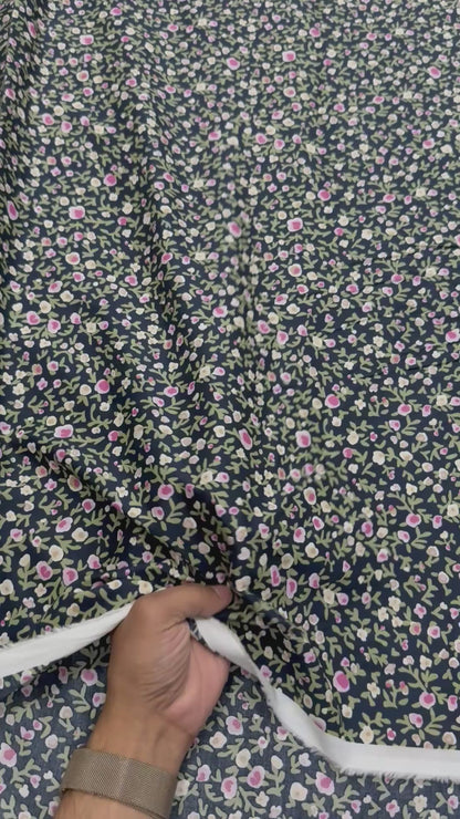 Buy Mul Cotton Navy Green Flower Printed Fabric