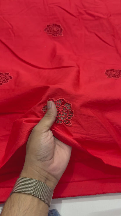 Buy Red Poplin Patch Embroidery Fabric