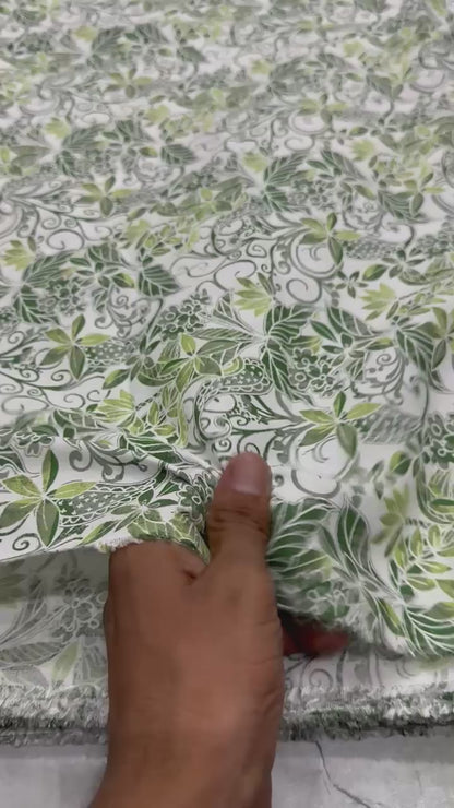Buy Cotton Viscose Dirty Green Leaf Printed Fabric