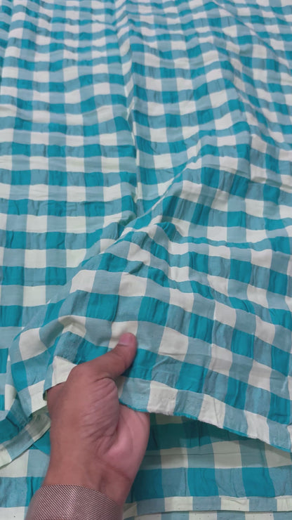 Premium Seersucker Teal Blue Check Fabric