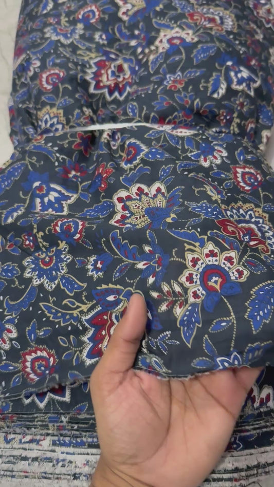 Buy Mul Cotton Jacobean Black Base Flower Printed Fabric
