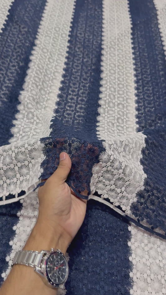 Buy Blue and White Stripe Mesh Embroidery Fabric