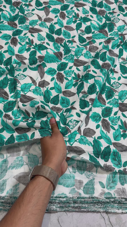 Buy Premium Viscose Linen Teal Blue Fall Printed Fabric