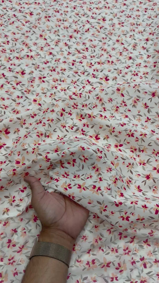 Buy Mul Cotton Red Peach Summery Flower Printed Fabric