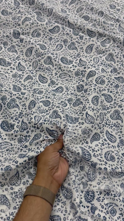 Buy Mul Cotton Blue Paisley Printed Fabric