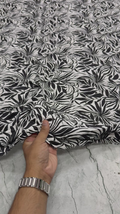 Buy Crimp Cotton Black Leaf Printed Fabric