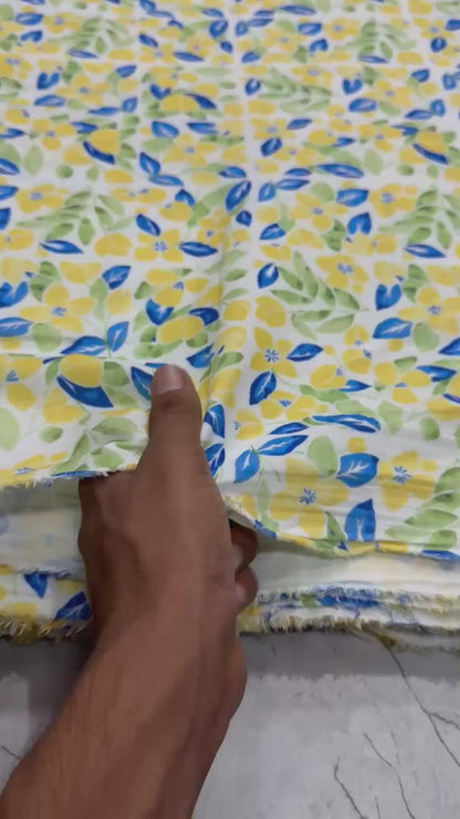 Buy Cotton Crinkled Crepe Yellow Lemon Printed Fabric