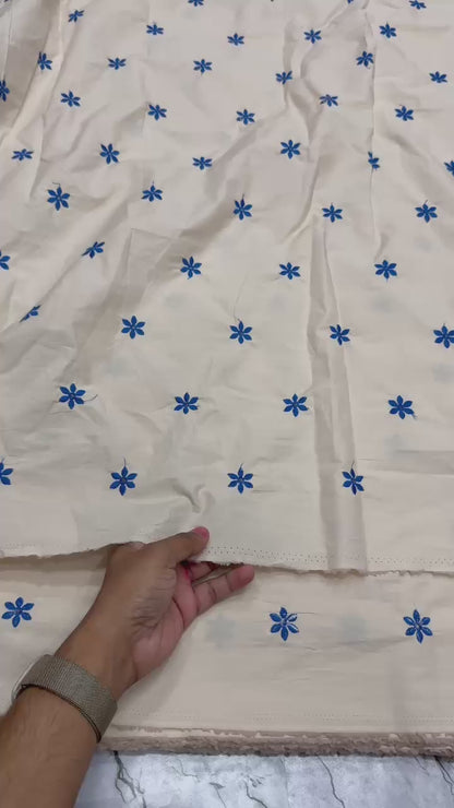 Buy Poplin Base Blue Flower Embroidery Fabric
