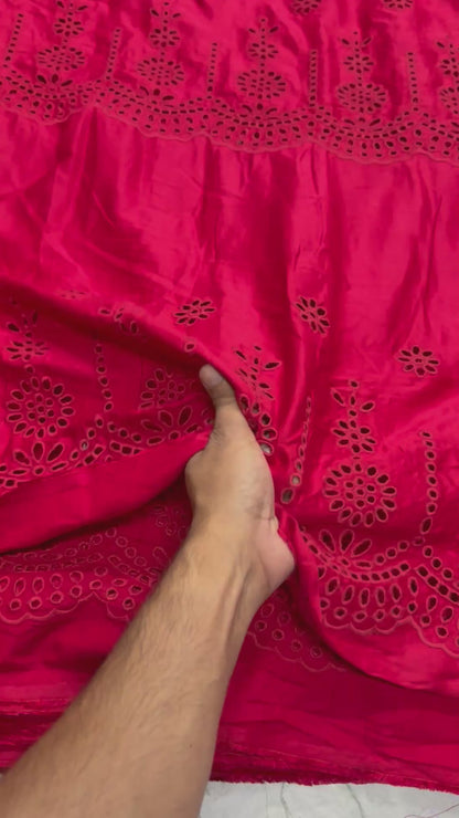 Buy Hakoba Red Cotton Satin Heavy Triple Layer Embroidery Fabric