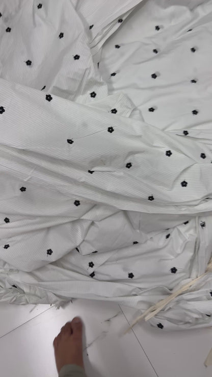 Buy Poplin Blue Stripe Black Cute Flower Embroidery Fabric
