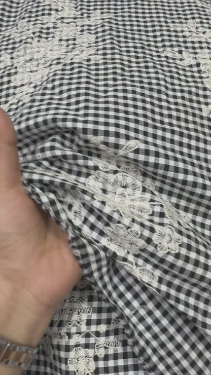 Buy Premium Cotton Black & White Seersucker Checks White Floral Embroidery Fabric