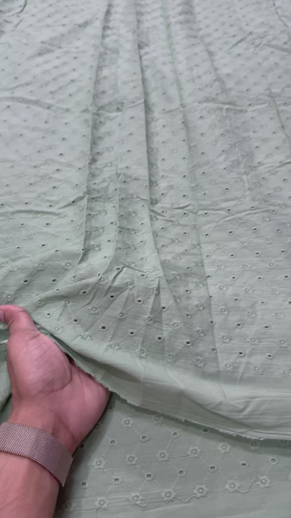 Buy Cotton Hakoba Sage Green Zig Zag Pattern Embroidery