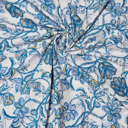 Buy Poplin Yellow Blue Floral Drawn Printed Fabric