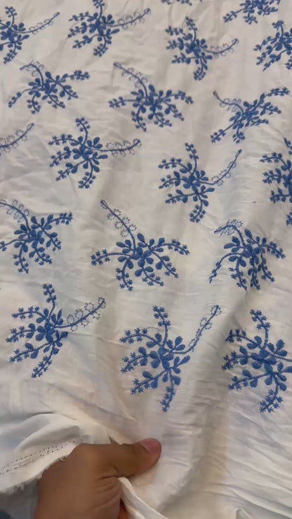 Buy Pure Cotton Cambric Blue Embroidery Fabric