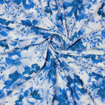 Buy Poplin Aqua Blue Floral White Base Printed Fabric