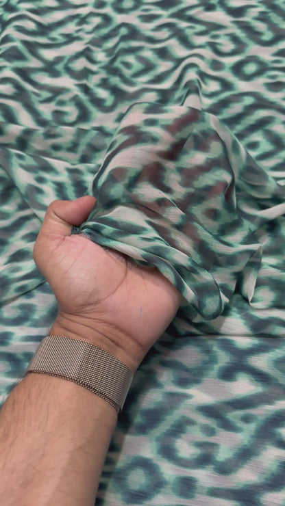 Buy Viscose Chiffon Olive Green Ikkat Like Pattern Printed Fabric