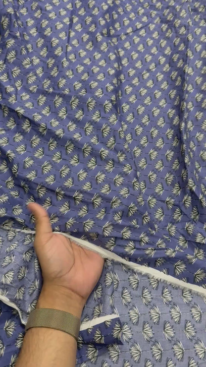 Buy Mul Cotton Blue Base Fan Flower Printed Fabric