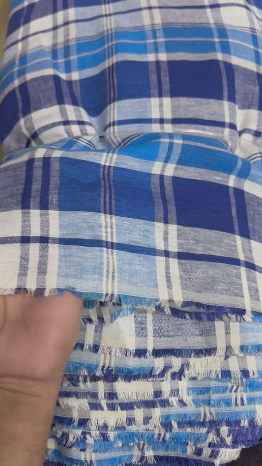 Buy Pure Linen Royal Blue Shirting Check Fabric