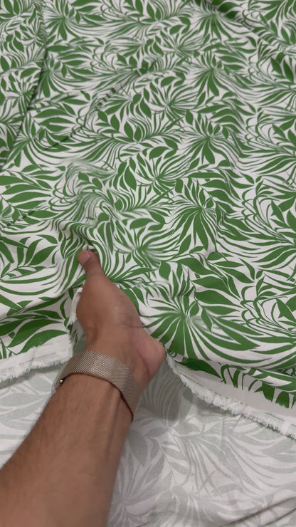 Buy Cotton Linen Bright Green Leaf Printed Fabric