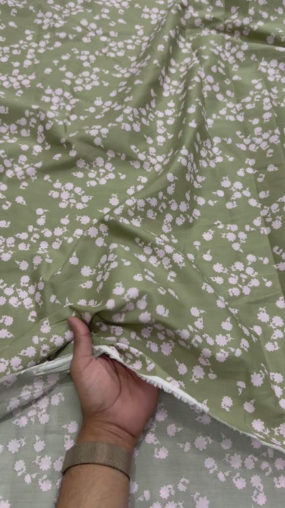 Buy Mul Cotton Olive Green Base Pink Flower Printed Fabric