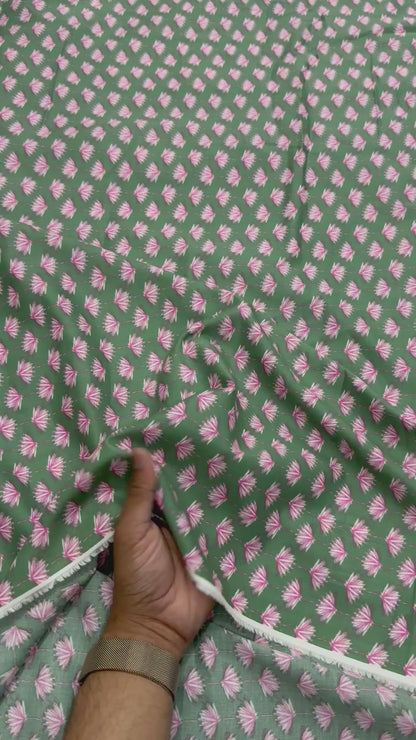 Buy Mul Cotton Green Base Fan Flower Printed Fabric