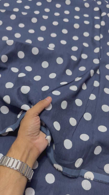 Buy Pure Linen Blue Base Polka Dot Printed Fabric
